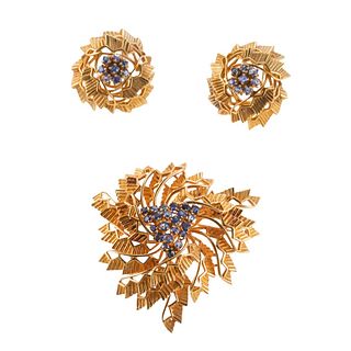 Tiffany & Co 1960s 18k Gold Sapphire Earrings Brooch Set