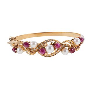 Antique 18k Gold Diamond Pearl Ruby Bangle Bracelet