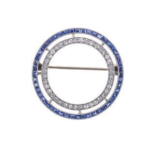 Art Deco Platinum Diamond Sapphire Circle Brooch 