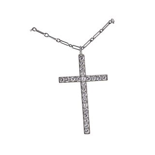Mid Century Platinum Diamond Cross Pendant Necklace