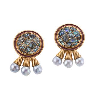 Elizabeth Gage 18k Gold Pearl Enamel Abalone Earrings