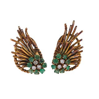 1970s 18k Gold Emerald Diamond Earrings