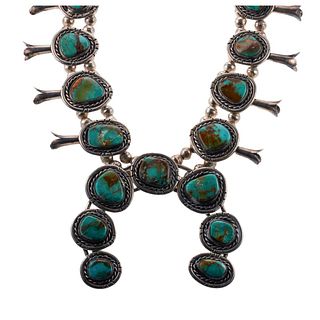 Native American Sterling Turquoise Squash Blossom Necklace