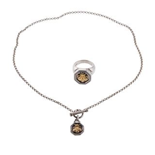 Slane & Slane Silver Gold Insect Ring Charm Pendant Necklace