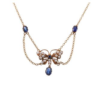 Antique 15k Gold Pearl Sapphire Butterfly Necklace