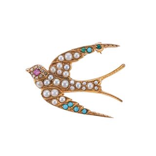 Antique 14k Gold Ruby Diamond Turquoise Pearl Swallow Bird Brooch