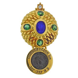 Elizabeth Gage Ancient Coin Tourmaline Diamond Intaglio Gold Brooch Pin