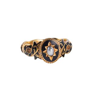Antique Gregorian 1860s 14k Gold Pearl Enamel Mourning Ring