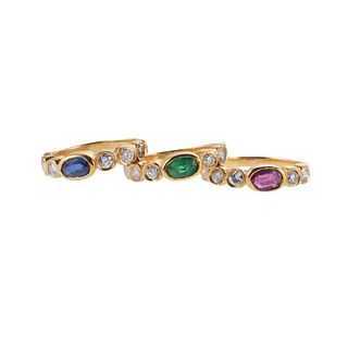 18k Gold Ruby Sapphire Emerald Diamond Stackable Ring Set of 3