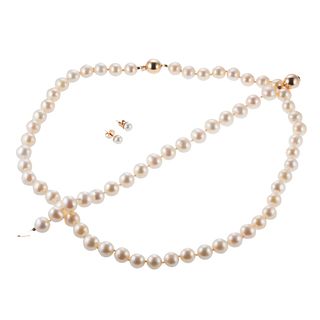 14k Gold Pearl Necklace Bracelet Earrings Set