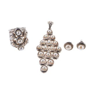 Slane & Slane Silver Pearl Pendant Ring Earrings Lot 