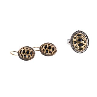 Slane & Slane Silver Gold Diamond Onyx Ring Earrings Set