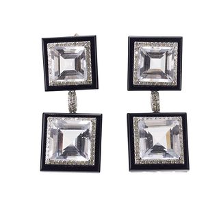 14k Gold Silver Crystal Onyx Diamond Drop Earrings