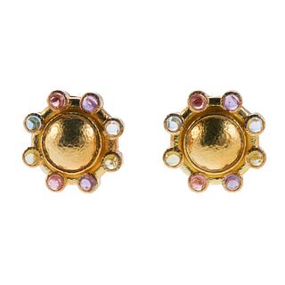 Elizabeth Locke Hammered Multi Gemstone Gold Earrings