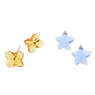 Baccarat 18k Gold Glass Flower Star Earrings Lot of 2 Pairs