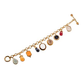 Elizabeth Locke Intaglio Multi Gemstone Gold Charm Toggle Bracelet