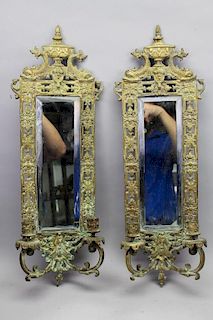 Pair, Antique Mirrored Sconces, Dolphins on Crest