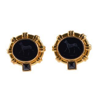 Elizabeth Locke Onyx Venetian Glass Intaglio Gold Earrings