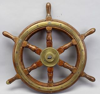 Antique Teak Ship's Wheel, Brass Mounts