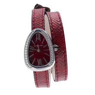 Bulgari Serpenti Diamond Steel Red Leather Wrap Bracelet Watch 1NJA8G
