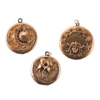Antique Art Nouveau Gold Filled Gemstone Locket Pendant Lot of 3