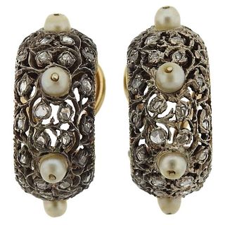 1959 Mario Buccellati Gold Platinum Silver Diamond Pearl Hoop Earrings