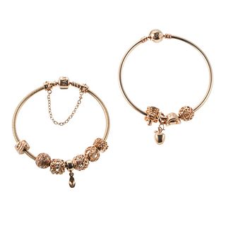 Pandora Gold Diamond Gemstone Multi Charm Bangle Bracelet Lot of 2