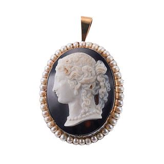 Antique Victorian Agate Hardstone Cameo Pearl Gold Pendant Brooch