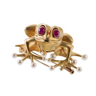 Gigi 18k Gold Ruby Pearl Frog Brooch Pin