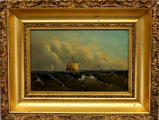 19th C. Oil/Board Painting, Ships in Rough Seas