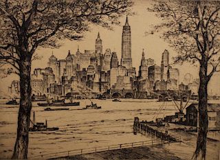 Signed Early 20th C. NY Harbor Drypoint Etching