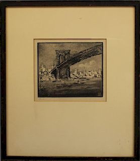 Antique Signed Brooklyn Bridge Drypoint Etching