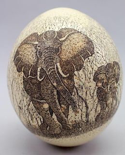 Ostrich Egg Scrimshaw w/ Elephants