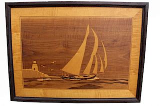 20th C. Marquetry Image of a Schooner & Lighthouse