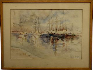Signed 1905 Harbor Scene, Watercolor