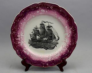 Lustre Ware Plate of American Ship, Flag & Cannon