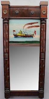 Antique Eglomise Mirror w/ Steam Sidewheeler