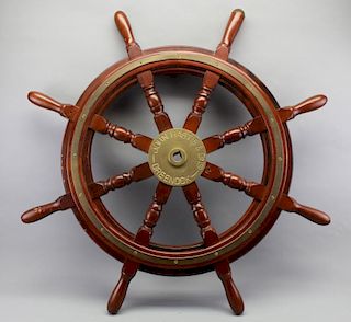 Antique Ship's Wheel, Teak w/ Brass Inlay