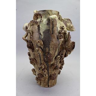 Figural Carved Soapstone Vase, Octopus, seashells