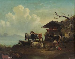 19th C. Oil on Canvas. Peasants with Cattle in