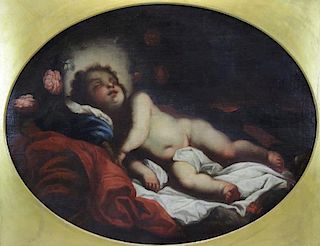 18th / 19th C.  Oil on Canvas. Sleeping Cherub.