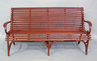 Red painted bentwood settee, early 20th c., 31 1/2
