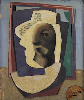 Signed 1947 Oil on Masonite. Cubist Collage.