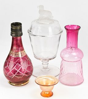 ANTIQUE GLASS DECANTER, VASE, LIDDED JAR AND SALT DISH