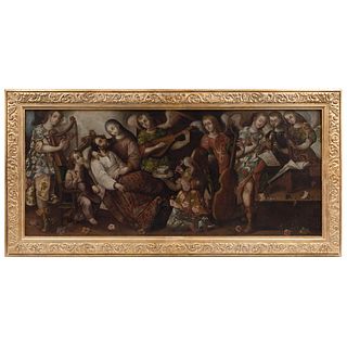 EL TRÁNSITO DE SAN JOSÉ. MÉXICO, SIGLO XVII. Óleo sobre tela. 111.5 x 255 cm