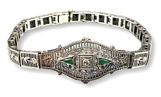 14K White Gold Art Deco Diamond Emerald Bracelet