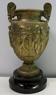 Classical Bronze Urn Mounted On Marble Base .