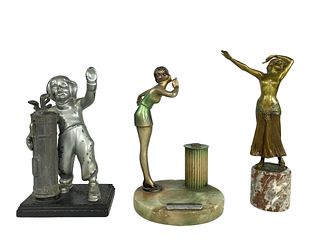 THREE COLD PAINTED ART DECO FIGURE LIGHTERS AND SCULPTURE, 1920's