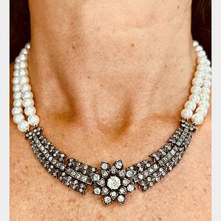 Victorian 18K & Silver Diamond and Cultured Pearl Necklace