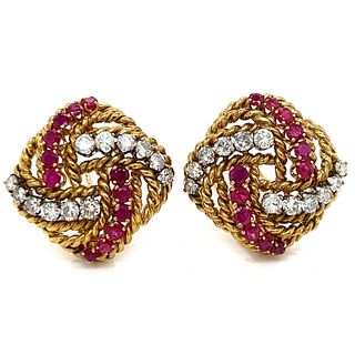 SANZ 1960â€™s 18K Yellow Gold Diamond & Ruby Earrings